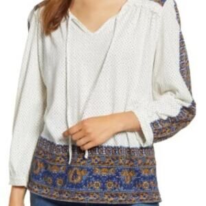 Lucky Brand Bohemian Tassel Tie Front Split Collar Pullover Top Size Large